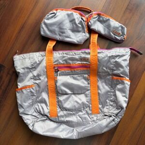 KAIA 3-Piece Silver Ripstop Nylon Tote Bag Set with Orange Straps and Pouches